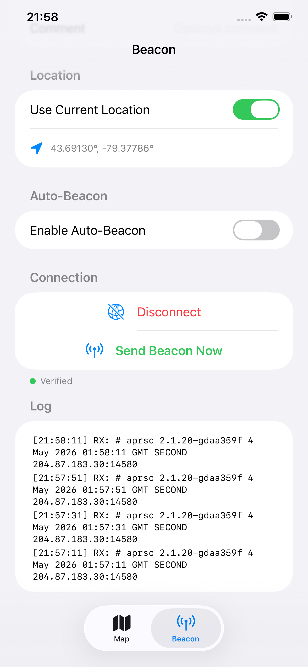 Auto-beacon and live log view